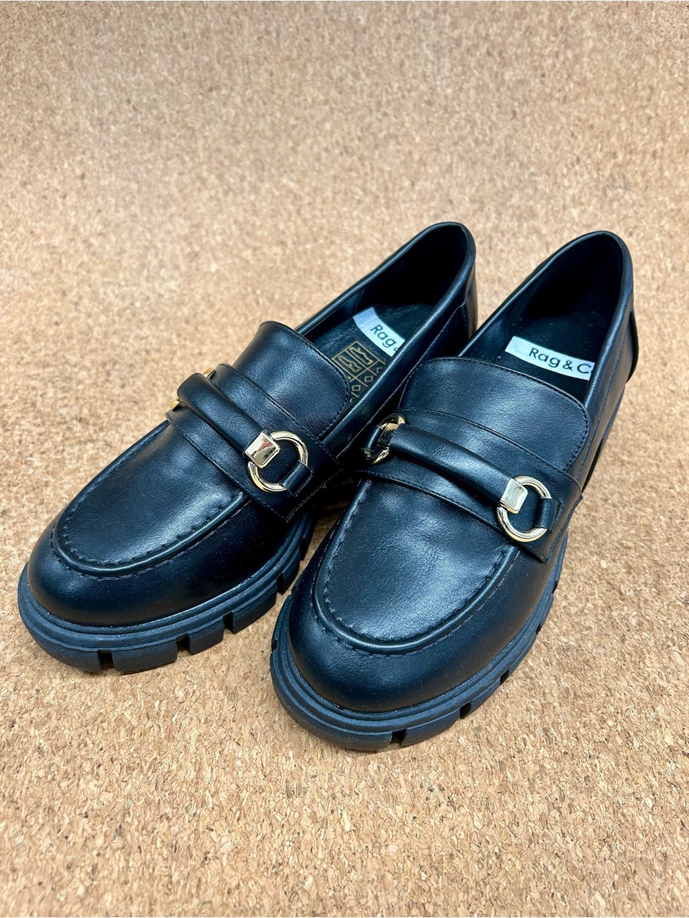 Rag & Co Black Leather Loafers with Gold Accent